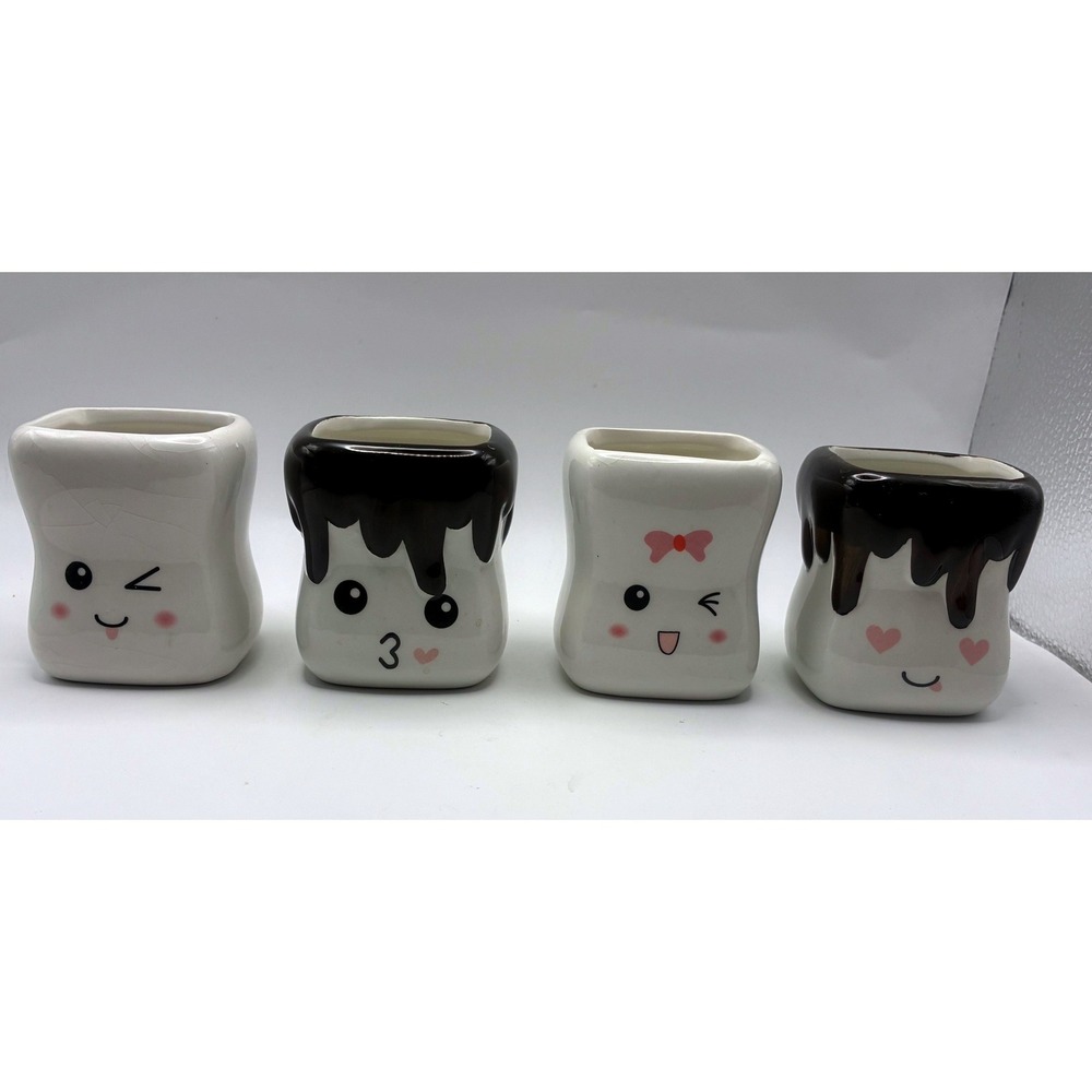 Marshmallow Face Mugs Set of 4  Chocolate Drip Ceramic